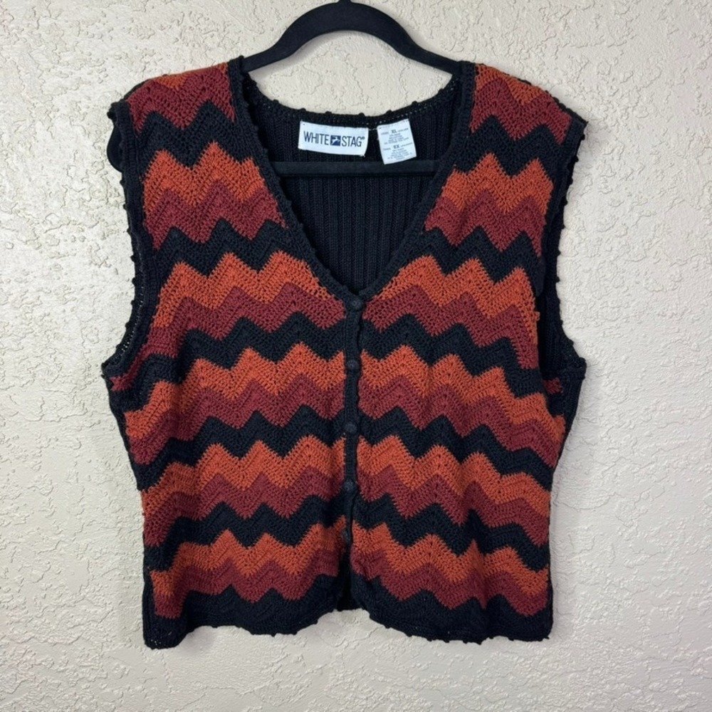 White Stag Vintage Boho Crochet Knit Vest Womens XL Buttons Browns Cottagecore